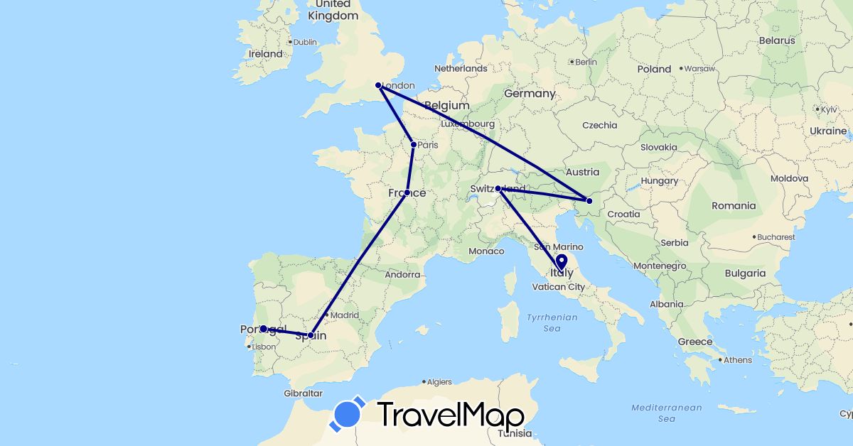 TravelMap itinerary: driving in Switzerland, Spain, France, United Kingdom, Italy, Portugal, Slovenia (Europe)